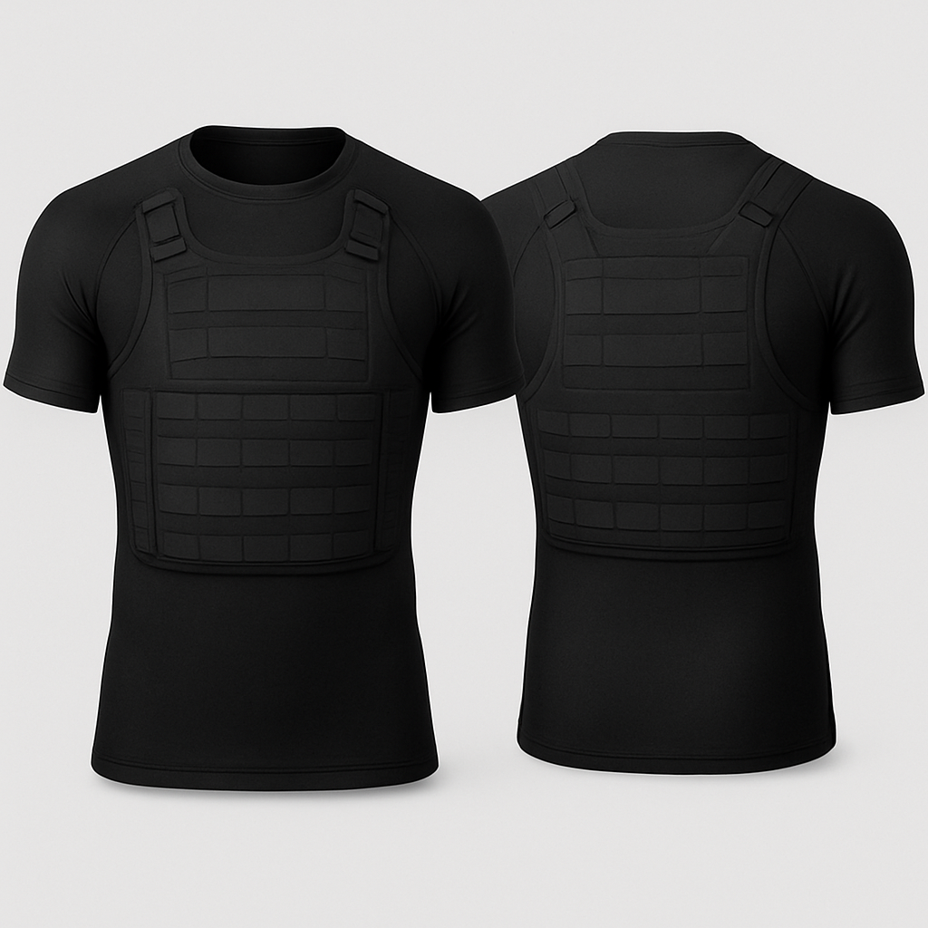 All black base short sleeve compression rash guard. Military bulley proof vest design on front and back 

All black base short sleeve compression rash guard. Military bulley proof vest design on front and back , show front and back