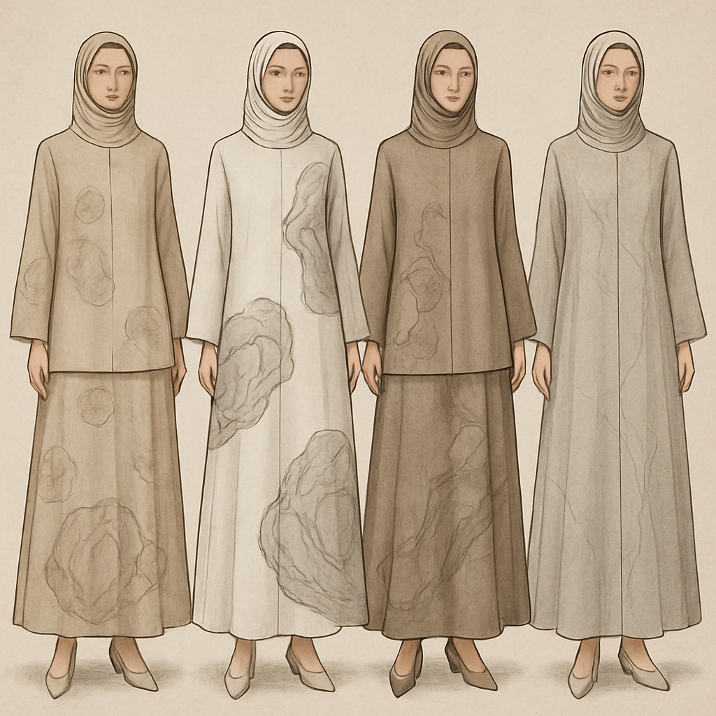 Create a modest two-piece linen abaya, the first of its kind, featuring a unique stone design that exudes a classy and sophisticated vibe. I'd like four designs, each showcasing different styles and fabrics. Incorporate high-end, unique chic stone designs to make them truly special. Add little sophisticated stone designs.

Create a modest two-piece linen abaya, the first of its kind, featuring a unique stone design that exudes a classy and sophisticated vibe. I'd like four designs, each showcasing different styles and fabrics. Incorporate high-end, unique chic stone designs to make them truly special. Add little sophisticated stone designs.