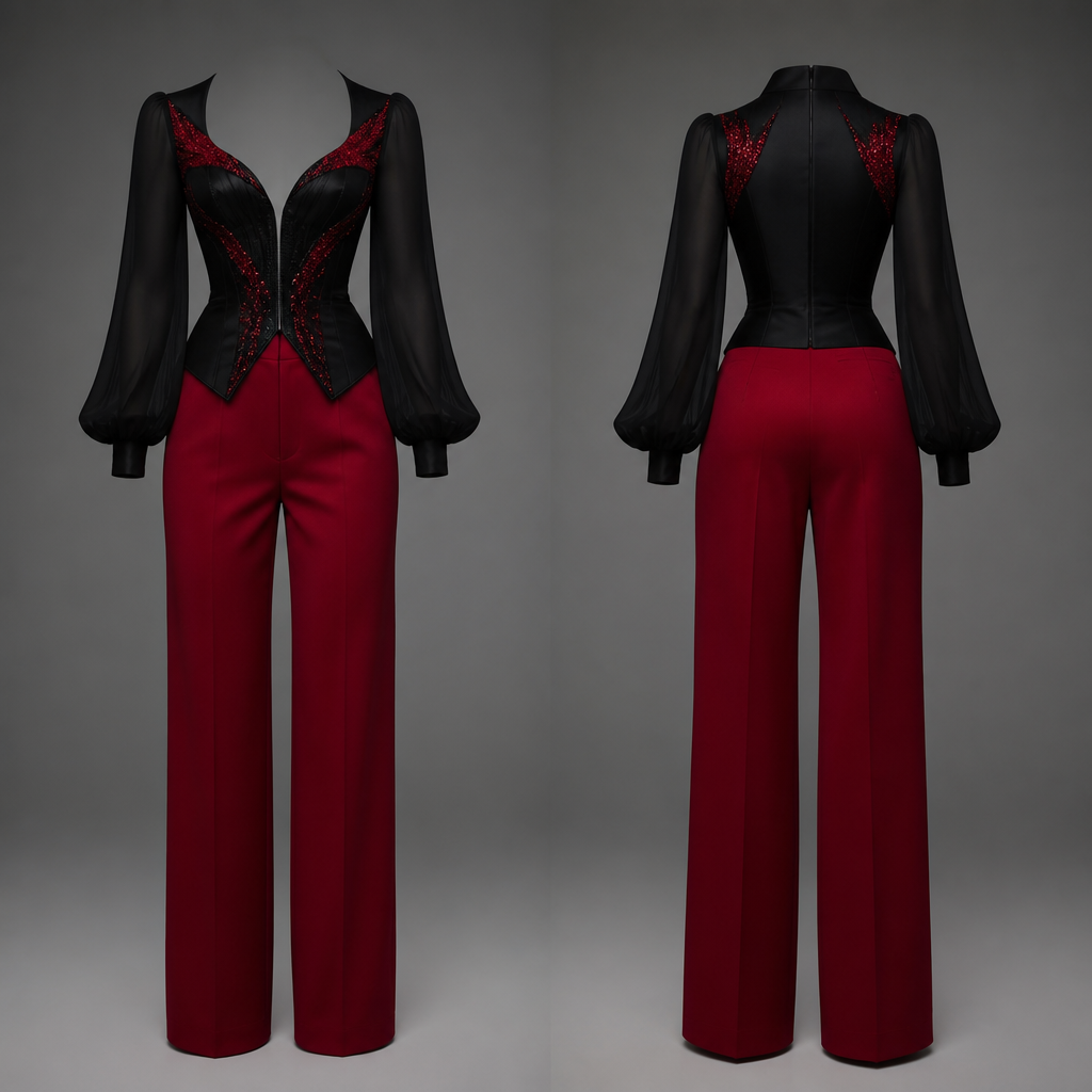 Ein schwarzes Dekolleté mit roten schimmernden Details und unter dem Dekolleté eine schwarze Bluse und eine rote Hose
photorealistic fashion design, Ein schwarzes Dekolleté mit roten schimmernden Details und unter dem Dekolleté eine schwarze Bluse und eine rote Hose , minimalist style, just the design no text, show front and back