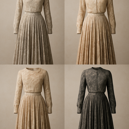 Create a modest two-piece long dress and shirt using symmetric pleat and silk, the first of its kind, featuring a unique stone design that exudes a classy and sophisticated vibe. I'd like four designs, each showcasing different styles and fabrics. Incorporate high-end, unique chic stone designs to make them truly special. Add little sophisticated stone designs.