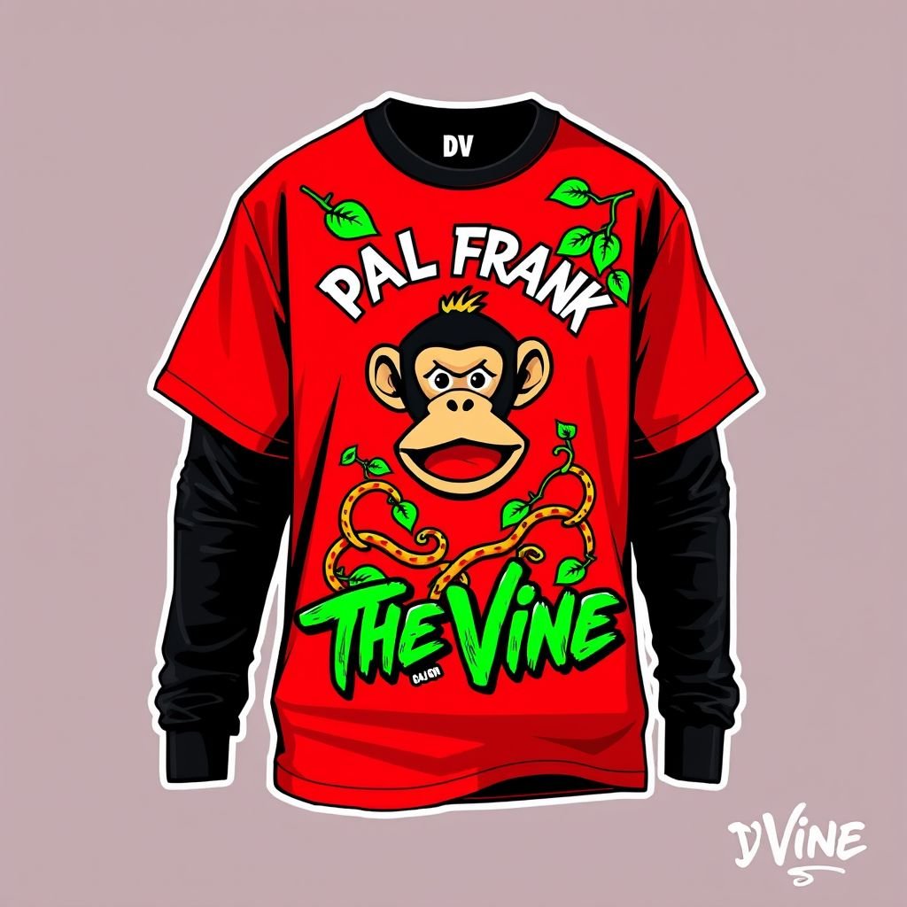 Do a collab with my brand “Da’Vine” or “DV” and “Paul frank” with the monkey symbol. Create a shirt with another long sleeve shirt under it. and create a design for the collab on it! Make it red and black. I want it to say “Paul frank” “The Vine”… have some vines around the monkey
Design a bold streetwear collab for “Da’Vine” or “DV” and “Paul Frank”. Create a layered outfit featuring a fiery red oversized short-sleeve tee over a sleek black long-sleeve shirt. The front showcases a stylized monkey surrounded by vibrant, intertwining vines and graffiti-inspired text reading “Paul Frank” and “The Vine” in edgy fonts.
