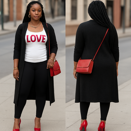 Black woman 
Braids
Gold jewelry
 Wife beater with Love on it 
Leggings 
Long cardigan 
Red heels red purse 


