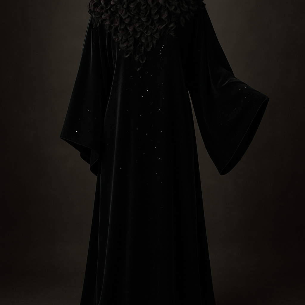 The Velvet Midnight Bloom Abaya
Tone: Deep velvet black
Fabric: Heavy velvet–crepe blend
Design:
A dense cluster of 3D velvet flowers around the neckline flowing softly across one sleeve.
Embellishment:
Black Swarovski stones scattered like stars.
Vibe:
Royal, powerful, and irresistibly classy.

The Velvet Midnight Bloom Abaya
Tone: Deep velvet black
Fabric: Heavy velvet–crepe blend
Design:
A dense cluster of 3D velvet flowers around the neckline flowing softly across one sleeve.
Embellishment:
Black Swarovski stones scattered like stars.
Vibe:
Royal, powerful, and irresistibly classy.