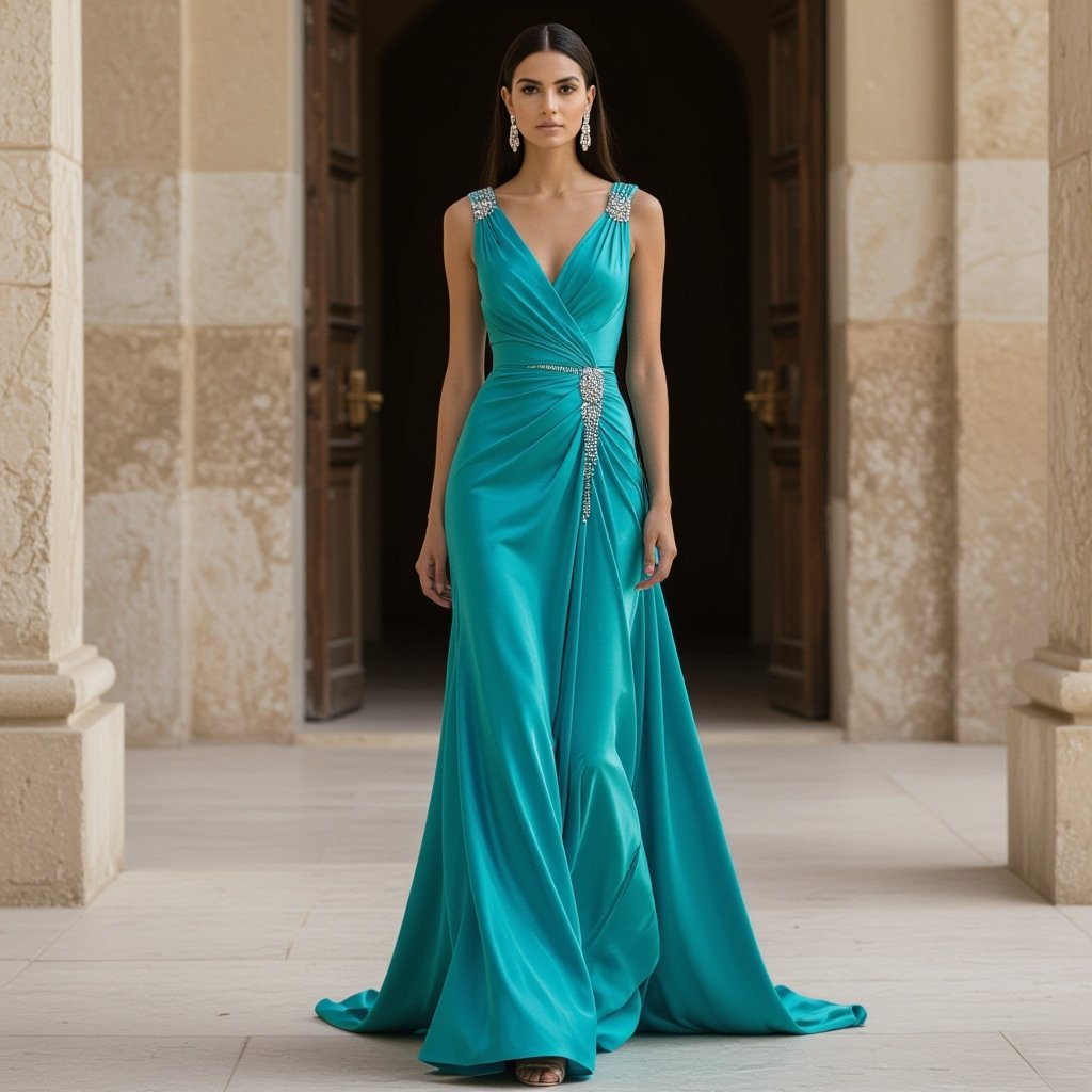 A turquoise draped pharoanic inspired gown with beadings that doesnt look costumey
Silk fashion: Sleek silk turquoise draped gown, pharaonic inspired, with minimal beading. Elegant and statuesque.