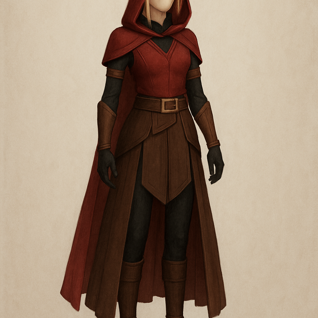 Headwear: A deep red hood draped over light-colored hair.
Torso: A dark-colored undergarment is layered with a red top that has a high collar and a V-neck design.
Waist and Skirt: A belt with a rectangular buckle cinches the waist. Layered brown panels form a short skirt at the front and a long, flowing overskirt that reaches the ankles.
Limbs: The outfit includes long black sleeves and matching black leggings. Brown armbands with gold accents are worn on the upper arms, and matching brown gloves/gauntlets cover the forearms.
Footwear: Brown boots complete the look.

Headwear: A deep red hood draped over light-colored hair.
Torso: A dark-colored undergarment is layered with a red top that has a high collar and a V-neck design.
Waist and Skirt: A belt with a rectangular buckle cinches the waist. Layered brown panels form a short skirt at the front and a long, flowing overskirt that reaches the ankles.
Limbs: The outfit includes long black sleeves and matching black leggings. Brown armbands with gold accents are worn on the upper arms, and matching brown gloves/gauntlets cover the forearms.
Footwear: Brown boots complete the look.