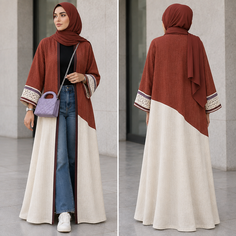 Here is a detailed, tactile breakdown of the abaya and composition in the image, structured step-by-step to help you visualize and sketch it:
## Overall Silhouette and Layout
* **The Shape:** It is a long, floor-sweeping, open-front abaya with a relaxed, flowing drape. It hangs straight down from the shoulders, parting vertically in the center to reveal dark clothing underneath.
* **The Color-Blocking Line:** The abaya is split horizontally into two major color blocks with a sharp, diagonal-to-wavy geometric seam line running across the midsection (dipping lower down on the right side).
## Upper Half
* **Color and Fabric:** The entire top section—covering the shoulders, chest, and upper back—is a rich, deep rust or terracotta red color with a subtle woven linen texture.
* **The Placket/Edges:** The inner opening edges of the abaya feature a thin, dark contrasting piping or trim line running vertically down the front.
## Lower Half
* **Color and Fabric:** The lower section, from roughly mid-thigh down to the floor, is an off-white or cream color, also carrying a soft textured fabric grain.
* **The Hem:** The bottom hem flows softly with gentle folds pooling toward the floor.
## Sleeves and Cuffs
* **Sleeve Shape:** The sleeves are wide and straight, ending just above the wrist.
* **Detailed Cuffs:** The cuffs feature a wide, intricate multi-layered band. The base of the cuff is a creamy knitted or crocheted lace pattern, bordered by narrow bands of purple and maroon yarnwork that add a tactile, patterned finish.
## Accessories and Context
* **Handbag:** Hanging from a silver chain strap across the torso is a small, structured pastel-lavender handbag with a quilted geometric pattern and a distinctive rounded cutout handle at the top.
* **UI Elements:** In the top right corner, there is a small semi-transparent dark circle containing the white text "12/13". On the left side, overlapping the fabric, is a small white circular logo tag with dark text reading "FA.ABAYA.LINE".
edit the attached fashion design with these instructions: Here is a detailed, tactile breakdown of the abaya and composition in the image, structured step-by-step to help you visualize and sketch it:
## Overall Silhouette and Layout
* **The Shape:** It is a long, floor-sweeping, open-front abaya with a relaxed, flowing drape. It hangs straight down from the shoulders, parting vertically in the center to reveal dark clothing underneath.
* **The Color-Blocking Line:** The abaya is split horizontally into two major color blocks with a sharp, diagonal-to-wavy geometric seam line running across the midsection (dipping lower down on the right side).
## Upper Half
* **Color and Fabric:** The entire top section—covering the shoulders, chest, and upper back—is a rich, deep rust or terracotta red color with a subtle woven linen texture.
* **The Placket/Edges:** The inner opening edges of the abaya feature a thin, dark contrasting piping or trim line running vertically down the front.
## Lower Half
* **Color and Fabric:** The lower section, from roughly mid-thigh down to the floor, is an off-white or cream color, also carrying a soft textured fabric grain.
* **The Hem:** The bottom hem flows softly with gentle folds pooling toward the floor.
## Sleeves and Cuffs
* **Sleeve Shape:** The sleeves are wide and straight, ending just above the wrist.
* **Detailed Cuffs:** The cuffs feature a wide, intricate multi-layered band. The base of the cuff is a creamy knitted or crocheted lace pattern, bordered by narrow bands of purple and maroon yarnwork that add a tactile, patterned finish.
## Accessories and Context
* **Handbag:** Hanging from a silver chain strap across the torso is a small, structured pastel-lavender handbag with a quilted geometric pattern and a distinctive rounded cutout handle at the top.
* **UI Elements:** In the top right corner, there is a small semi-transparent dark circle containing the white text "12/13". On the left side, overlapping the fabric, is a small white circular logo tag with dark text reading "FA.ABAYA.LINE".. keep it photorealistic, just the design no text