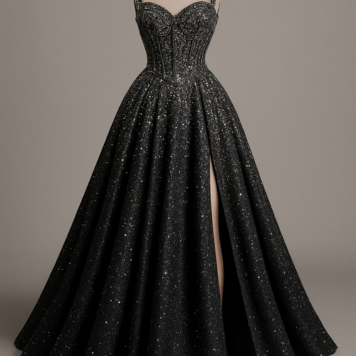 Black and silver shiny bling matric ball dress with lots of bead work corseted top and bottom has a pleat with a slit


