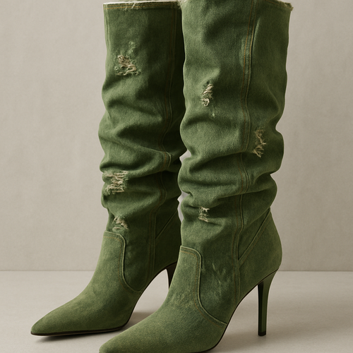 Green heel Boots pointy toe denim metireal whith roughed up areas knee high reallybaggy at the calves part moss green 