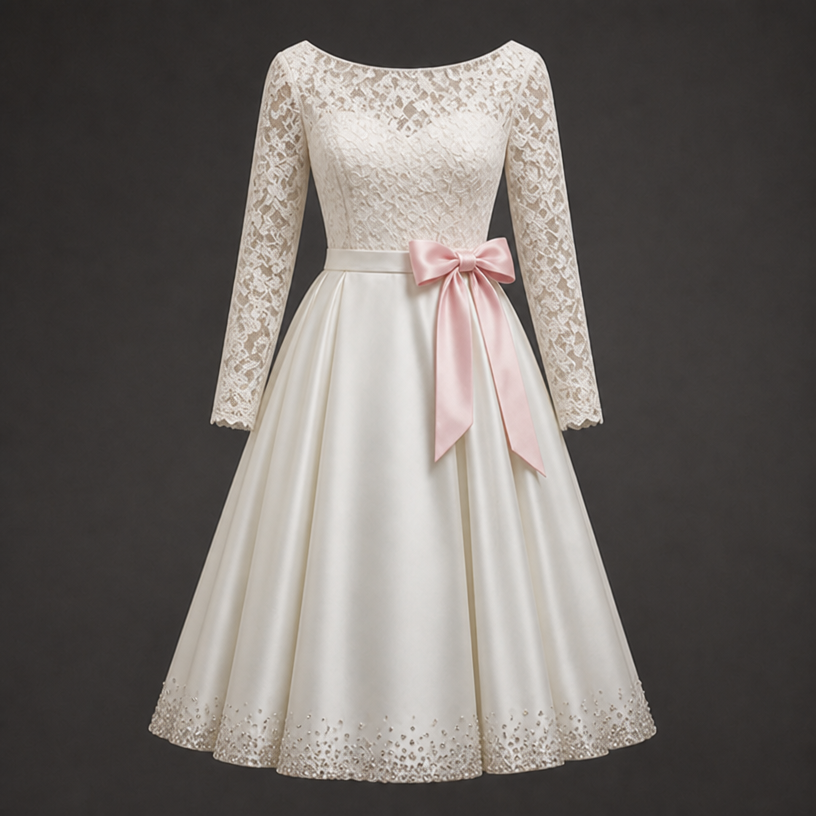 The torso should be chantilly lace. Diamonds studded at the bottom helm of the dress. A medium baby pink bow at the left waistline. Full/long sleeves but the sleeves should be Chantilly lace
edit the attached fashion design with these instructions: The torso should be chantilly lace. Diamonds studded at the bottom helm of the dress. A medium baby pink bow at the left waistline. Full/long sleeves but the sleeves should be Chantilly lace. keep it photorealistic, just the design no text