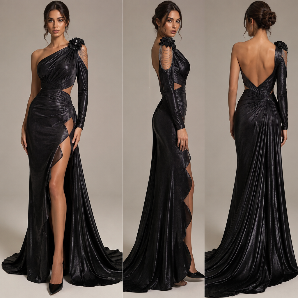 A Female Dress design, suitable for Fall. فستان اسود طويل لامع بفتحة جانبية متعرجة خصر متشابك كتف واحد مكشوف أكمام طويلة ظهر نصف مفتوح بقوس حاد و ذيل طويل غير متماثل و على إحدى كتفيه زهرة سوداء معدنية صغيرة تتفرع منها خيوط فضية رقيقة Present it as professional fashion catalogue photography: the garment is the subject, shown full-length with editorial styling, neutral posing and tasteful, non-suggestive framing.
photorealistic fashion design, A Female Dress design, suitable for Fall. فستان اسود طويل لامع بفتحة جانبية متعرجة خصر متشابك كتف واحد مكشوف أكمام طويلة ظهر نصف مفتوح بقوس حاد و ذيل طويل غير متماثل و على إحدى كتفيه زهرة سوداء معدنية صغيرة تتفرع منها خيوط فضية رقيقة Present it as professional fashion catalogue photography: the garment is the subject, shown full-length with editorial styling, neutral posing and tasteful, non-suggestive framing., just the design no text