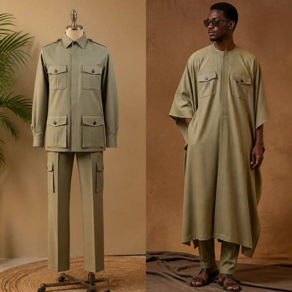 in Safari style. doguwar riga dogon hannu mai lense sannan da kaftan. Nigeria fashion aesthetics.
photorealistic fashion design, in Safari style. doguwar riga dogon hannu mai lense sannan da kaftan. Nigeria fashion aesthetics., safari style, just the design no text