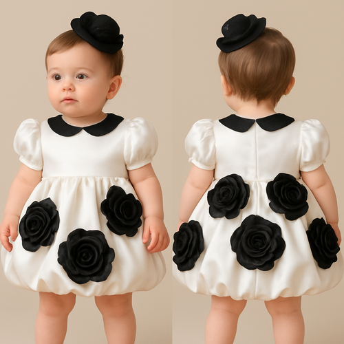 一歳の女の子着用画
白のサテンドレス、襟は丸くて黒、バルーンスカートで丈は膝上
パフスリーブ(ボリュームあり)
サテンの黒の大きなバラを前側と後ろ側にたくさんつけて
頭には黒のカクテルハット
