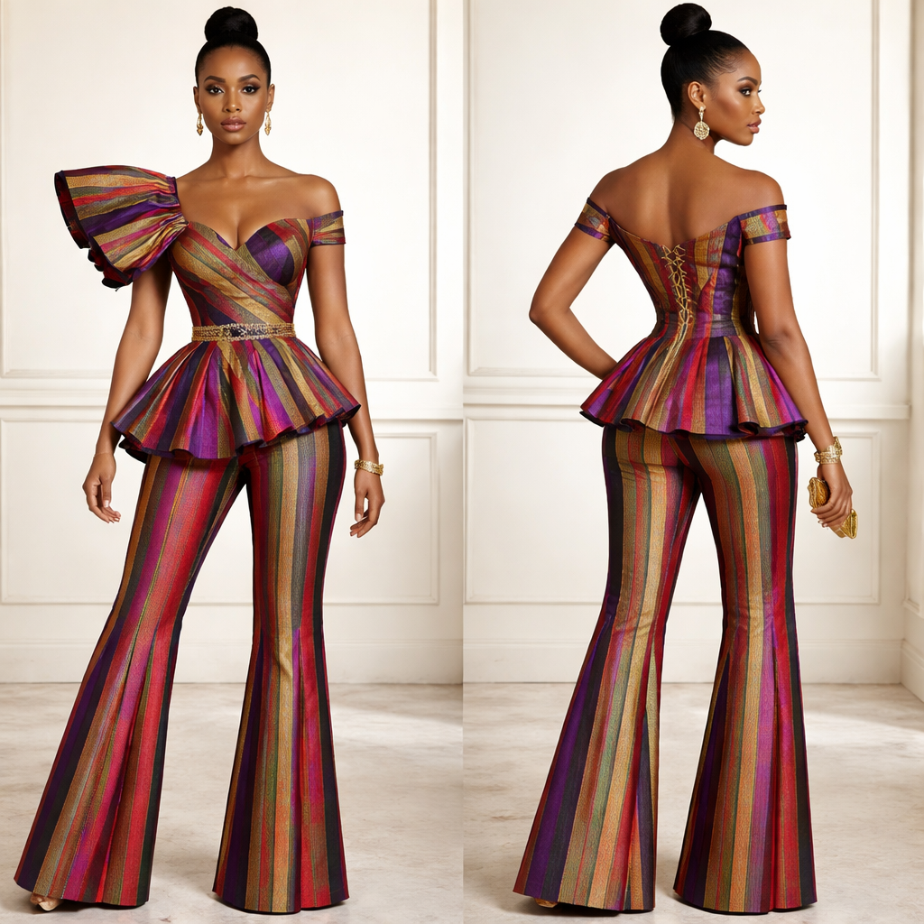 A one of a kind top and pant using coloful aso oke that looks elegant and sophisticated with a classic look
A one of a kind top and pant using coloful aso oke that looks elegant and sophisticated with a classic look , classic style, show front and back