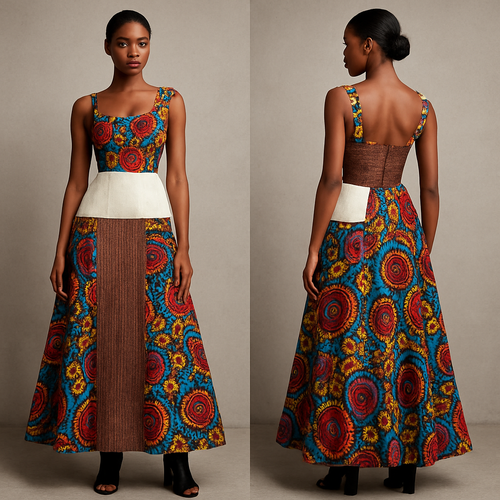 A gorgeous gown made in Ankara and aso oke with colorful beads as trape at the shoulder, tights fitted at the upper bust, mixed white fabric and aso oke at the lower bodice 