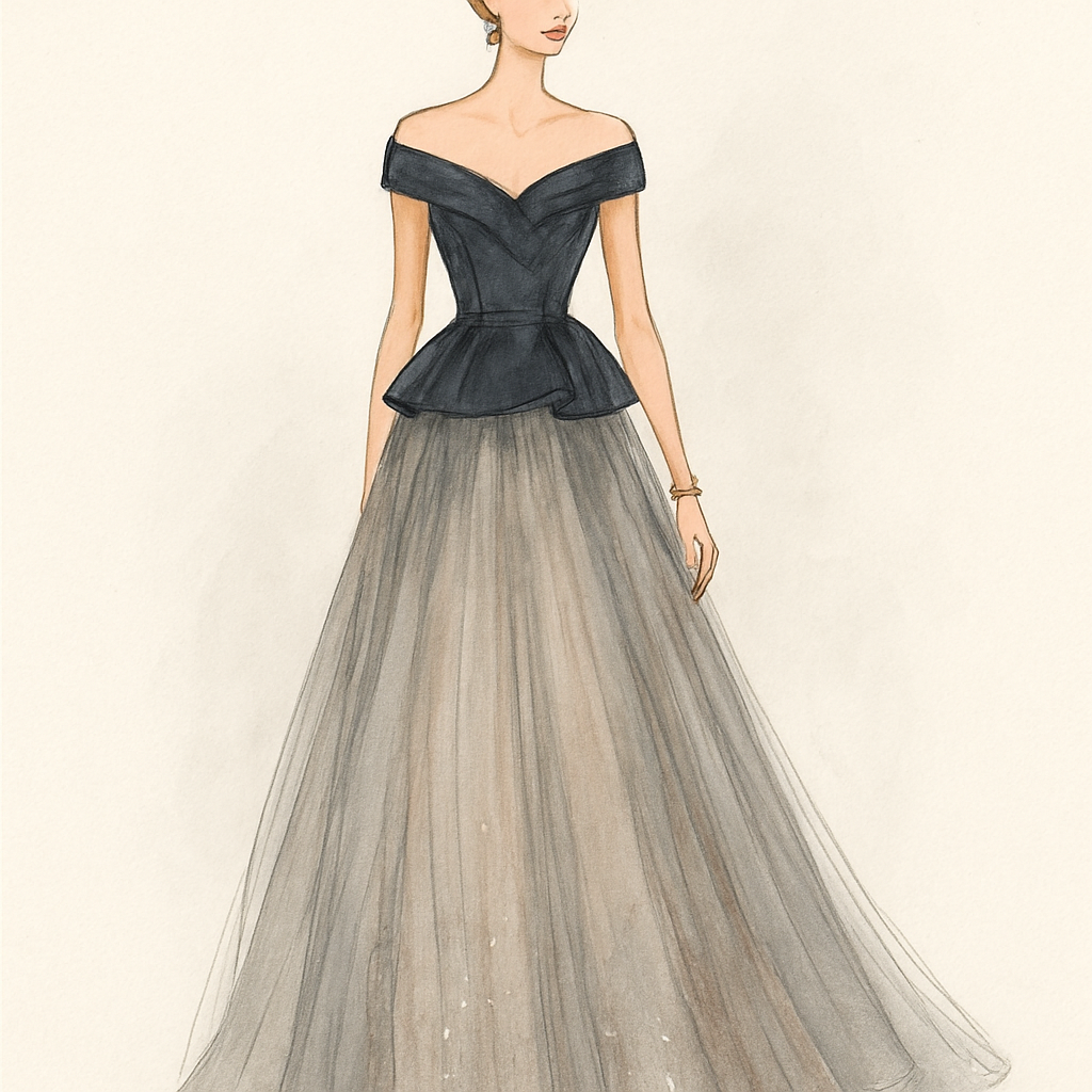 The image shows a fashion illustration of a woman wearing a dramatic, elegant gown. The look features a structured, dark bodice — almost like charcoal or deep navy — with a sculpted peplum waistline that accentuates the silhouette. The neckline is off-the-shoulder and slightly heart-shaped, giving the design a feminine, graceful feel.

From the waist down, the gown transitions into a long, flowing tulle skirt, rendered in soft beige and gray tones. The fabric is semi-sheer, and the skirt subtly widens toward the hem, giving the impression of light movement. There’s a touch of shimmer or subtle detailing on the lower part of the dress, suggesting delicate embroidery or sequins.

The woman’s pose is poised and elegant, standing tall and confident. Her hair is styled up, with visible gold jewelry — perhaps earrings or a bracelet — that complements the gown’s refined tone.

The background is simple and light, which keeps the focus on the design itself. Overall, the illustration feels modern yet timeless, with a soft balance between structure and fluidity.

The image shows a fashion illustration of a woman wearing a dramatic, elegant gown. The look features a structured, dark bodice — almost like charcoal or deep navy — with a sculpted peplum waistline that accentuates the silhouette. The neckline is off-the-shoulder and slightly heart-shaped, giving the design a feminine, graceful feel.

From the waist down, the gown transitions into a long, flowing tulle skirt, rendered in soft beige and gray tones. The fabric is semi-sheer, and the skirt subtly widens toward the hem, giving the impression of light movement. There’s a touch of shimmer or subtle detailing on the lower part of the dress, suggesting delicate embroidery or sequins.

The woman’s pose is poised and elegant, standing tall and confident. Her hair is styled up, with visible gold jewelry — perhaps earrings or a bracelet — that complements the gown’s refined tone.

The background is simple and light, which keeps the focus on the design itself. Overall, the illustration feels modern yet timeless, with a soft balance between structure and fluidity.