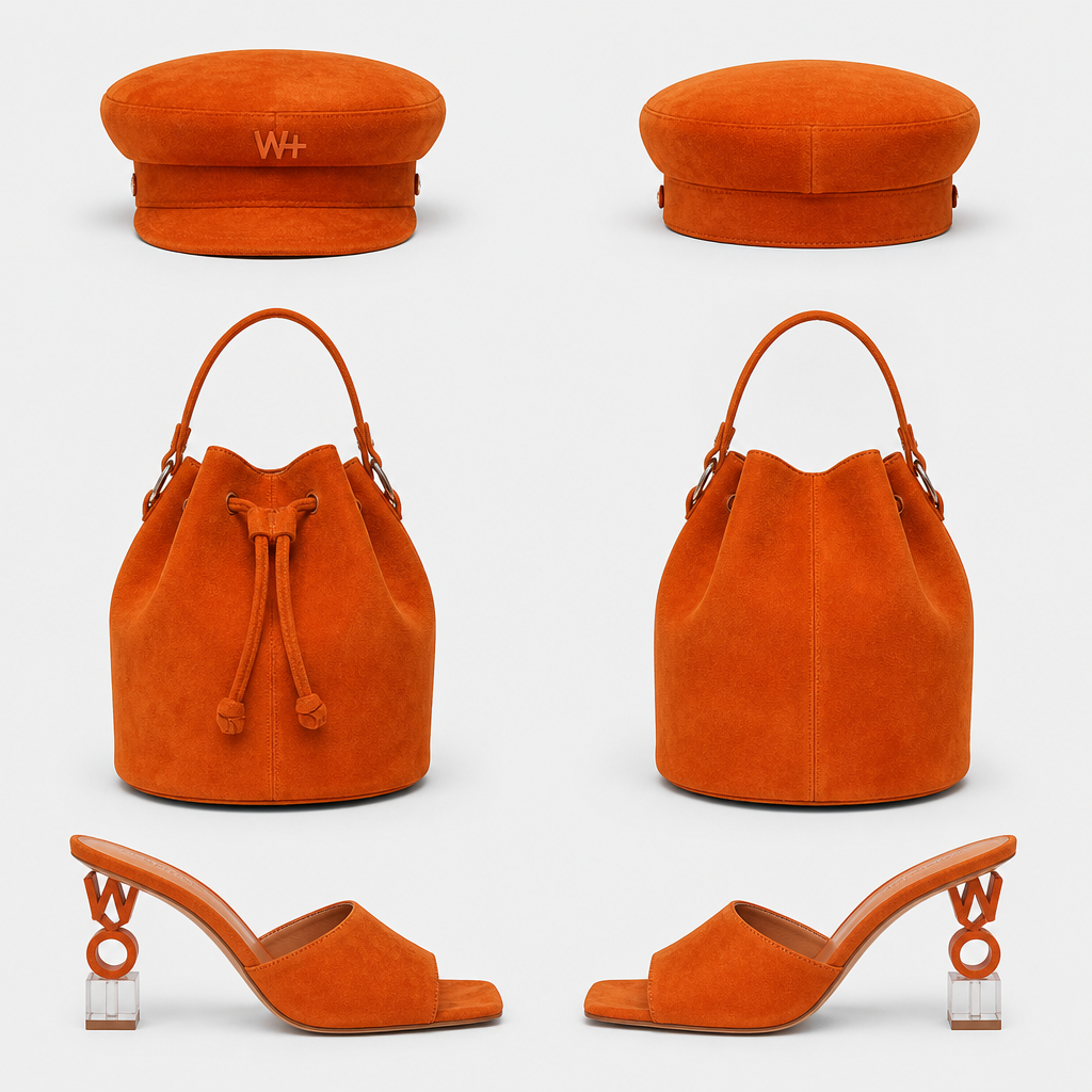 Square toe in orange suede , clear heel and on top of the clear 2 inch heel two letters a W and a O in orange suede bucket pocketbook , with small letters a W and a plus a orange suede captain hat
photorealistic fashion design, Square toe in orange suede , clear heel and on top of the clear 2 inch heel two letters a W and a O in orange suede bucket pocketbook , with small letters a W and a plus a orange suede captain hat , haute_couture style, just the design no text, show front and back