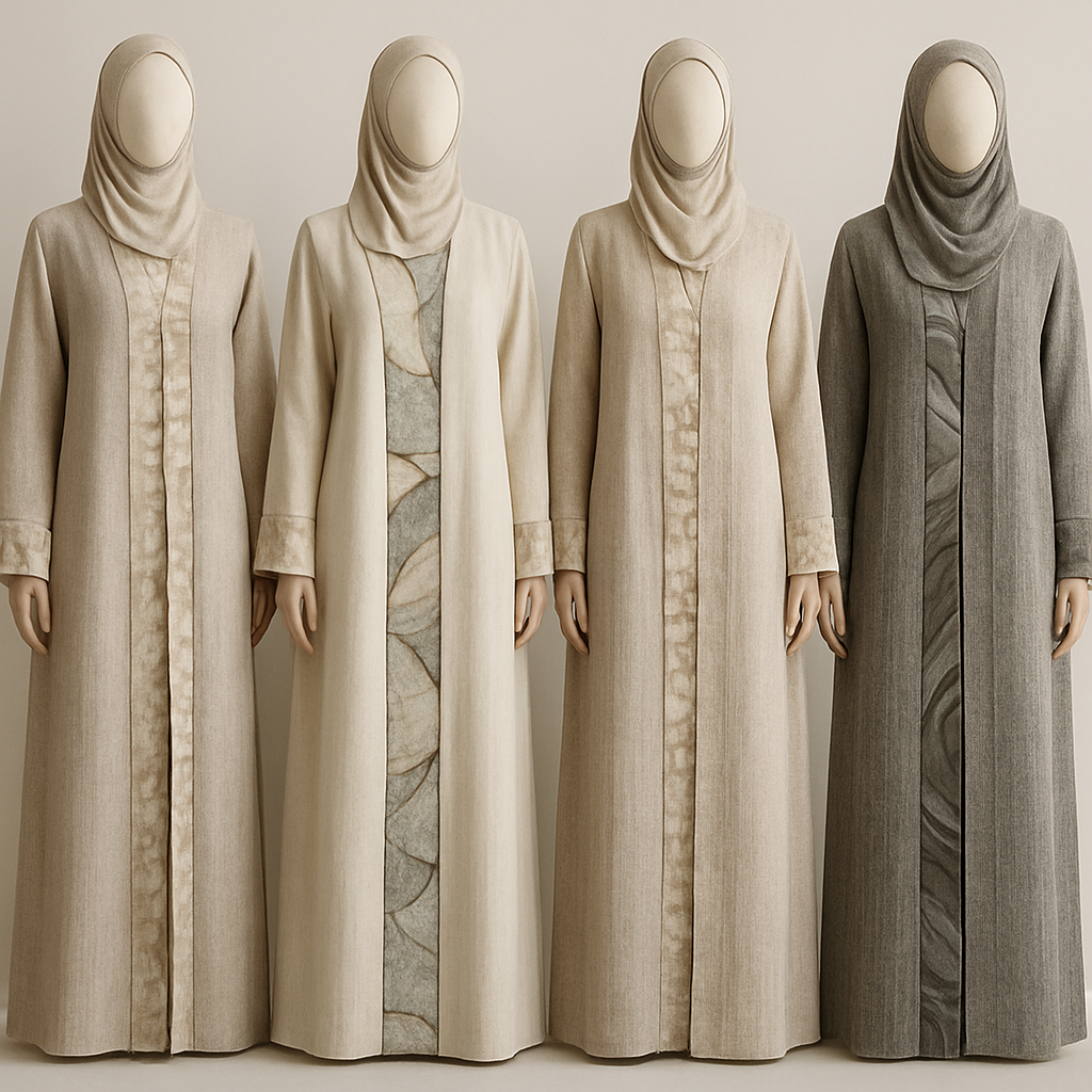 Create a modest two-piece linen abaya, the first of its kind, featuring a unique stone design that exudes a classy and sophisticated vibe. I’d like four designs, each showcasing different styles and fabrics. Incorporate high-end, unique chic stone designs to make them truly special. Add little sophisticated stone designs.

Create a modest two-piece linen abaya, the first of its kind, featuring a unique stone design that exudes a classy and sophisticated vibe. I’d like four designs, each showcasing different styles and fabrics. Incorporate high-end, unique chic stone designs to make them truly special. Add little sophisticated stone designs.