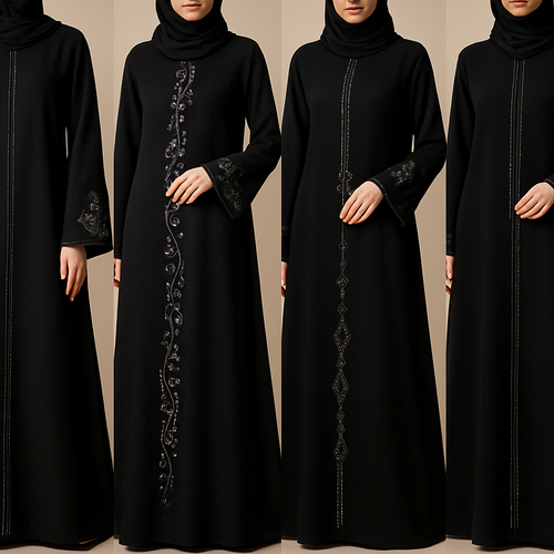Create me modest abaya that's first in the world, using unique stone design, classy and sophisticated. Keep me 4 designs. Make them rich by adding minimal chic stone embroidery and stones designs. Showcasing different styles and fabric.