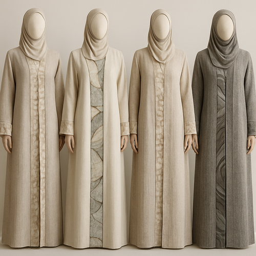 Create a modest two-piece linen abaya, the first of its kind, featuring a unique stone design that exudes a classy and sophisticated vibe. I’d like four designs, each showcasing different styles and fabrics. Incorporate high-end, unique chic stone designs to make them truly special. Add little sophisticated stone designs.