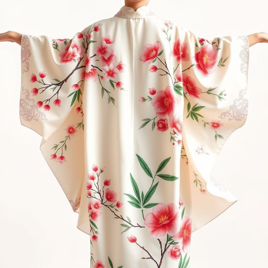 梅兰竹菊屏风
Design a flowing silk kimono inspired by the "Four Gentlemen" of Chinese art: plum blossom, orchid, bamboo, and chrysanthemum. The fabric features intricate watercolor prints of these motifs against a soft, pastel background. Embellished with delicate embroidery, the sleeves cascade gracefully, embodying elegance and harmony in traditional Asian aesthetics.