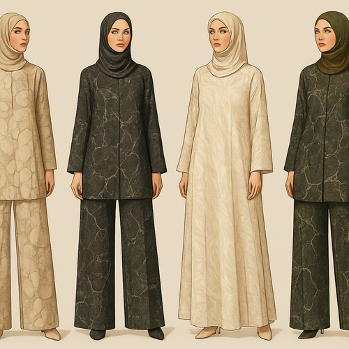 Create a modest two piece loose pant and long dress , first of its kind, featuring a unique stone design that exudes a classy and sophisticated vibe. I'd like four designs, each showcasing different styles and fabrics. Incorporate high-end, unique chic stone designs to make them truly special. Add little sophisticated stone designs. Make it irresistible!