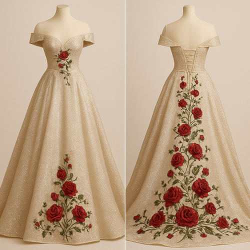 Glittery wedding dress,black and champagne color, off the shoulder sleeves. With red roses and green vines embroidered cascading down the back of the dress flowing along the train. Corset top and lace up back.