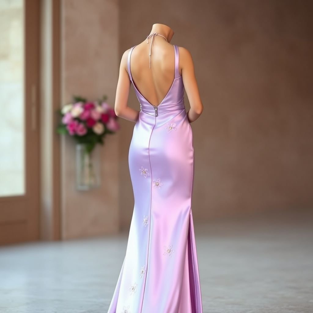 Light pink Style & Fit: The dress is a sleek, form-fitting evening gown that hugs the body and emphasizes the natural curves. It has a plunging V-neckline that adds a bold, sultry element to the design. The dress appears to be sleeveless with a halter-style top, baring the shoulders and arms and fastening behind the neck. Fabric & Texture: The material looks like satin or silk, giving it a smooth, shiny and reflective finish that catches the light beautifully. The fabric has a slight sheen, enhancing the dress’s elegant and luxurious feel. Color: It’s a soft, pastel lilac or blush lavender—a feminine and romantic shade that complements the glossy texture well. Length: The dress appears to be floor-length or slightly above the ankles, giving it a formal and glamorous silhouette. It drapes down smoothly from the hips with no visible slit, suggesting a more classic mermaid or column silhouette. Overall Impression: This is a sophisticated, statement dress perfect for formal events like a prom, wedding, or evening gala. It blends sensuality with elegance, especially due to its silhouette, luxurious fabric, and bold neckline.
**Fashion Design Prompt**:
Envision a captivating evening gown in a soft pastel lilac hue, crafted from lustrous silk that drapes elegantly over the body. Its form-fitting silhouette features a daring plunging V-neckline and chic halter straps that accentuate bare shoulders. With a high slit, the floor-length design exudes timeless glamour, perfect for high-society events. The fabric's sheen plays with light, enhancing its romantic essence, while delicate floral embroidery whispers sophistication. A hidden zipper at the back ensures a seamless finish, making every movement an enchanting spectacle. Ideal for those who dare to blend allure with classic elegance.