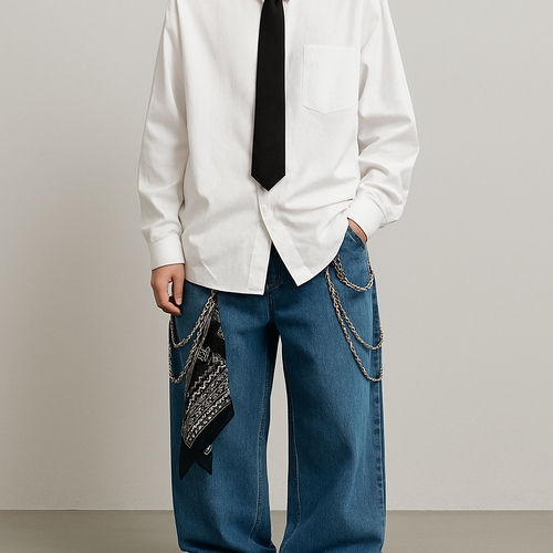 Baggy blue jeans with a oversized white buttoned shirt with a black tie and chains on the pants and a bandanna on the pants with the chain and the shirt not tucked in the pants and some chain accessories 
