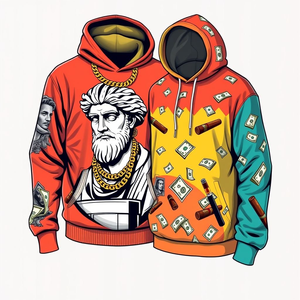 Shirt nd hoodie wit a Greek statue wit a chain a cigar nd money
Design a bold, retro-inspired streetwear ensemble featuring a vibrant graphic hoodie and shirt combo. The shirt showcases a vintage Greek statue print adorned with gold chains, while the hoodie features playful illustrations of cigars and scattered dollar bills. Use bright, nostalgic colors and funky patterns for a true retro vibe.