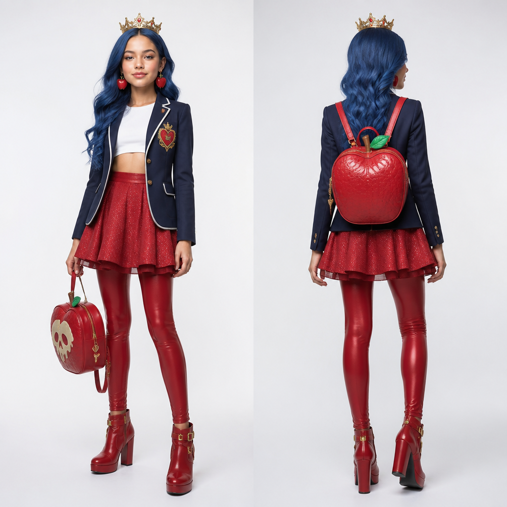 A 12 year old girl school look. with blue hair a white crop top that says fairest in dripping letters and a red skirt with red leggings and heel boots and a posin apple backpack apple earrings and a blazer with a heart with a crown on it and a crown on her head
photorealistic fashion design, A 12 year old girl school look. with blue hair a white crop top that says fairest in dripping letters and a red skirt with red leggings and heel boots and a posin apple backpack apple earrings and a blazer with a heart with a crown on it and a crown on her head , just the design no text, show front and back