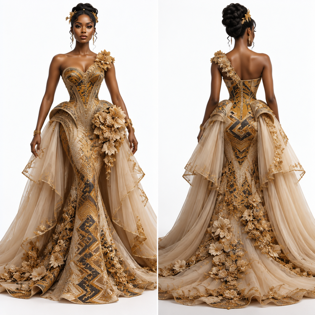 “High-fashion Ghanaian engagement gown, sculpted corset bodice with exaggerated architectural hips, fitted mermaid silhouette, one-shoulder neckline, hand-placed 3D floral appliqué, intricate gold beadwork, layered champagne tulle, subtle kente-inspired geometric detailing, dramatic detachable overskirt, couture construction, sophisticated feminine silhouette, luxury African fashion editorial, full-length fashion sketch, front view, clean white background.”
photorealistic fashion design, “High-fashion Ghanaian engagement gown, sculpted corset bodice with exaggerated architectural hips, fitted mermaid silhouette, one-shoulder neckline, hand-placed 3D floral appliqué, intricate gold beadwork, layered champagne tulle, subtle kente-inspired geometric detailing, dramatic detachable overskirt, couture construction, sophisticated feminine silhouette, luxury African fashion editorial, full-length fashion sketch, front view, clean white background.”, cyberpunk style, just the design no text, show front and back