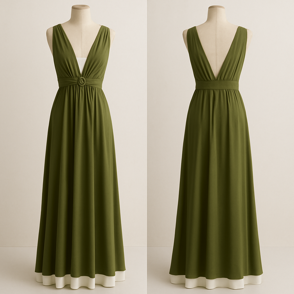 es soll ein Maxi kleid sein. Mit einem großen V ausschnitt. Hinter dem Stoff von dem ausschnitt soll ein Stoff sein der die oberweite bedeckt, zwischen den brüsten soll der Stoff mit einer Art schnalle zusammen gerafft werden. In Olive grün. Und einem weißen unterrock, den man unter dem grünen Stoff ein wenig sieht.
es soll ein Maxi kleid sein. Mit einem großen V ausschnitt. Hinter dem Stoff von dem ausschnitt soll ein Stoff sein der die oberweite bedeckt, zwischen den brüsten soll der Stoff mit einer Art schnalle zusammen gerafft werden. In Olive grün. Und einem weißen unterrock, den man unter dem grünen Stoff ein wenig sieht. , show front and back