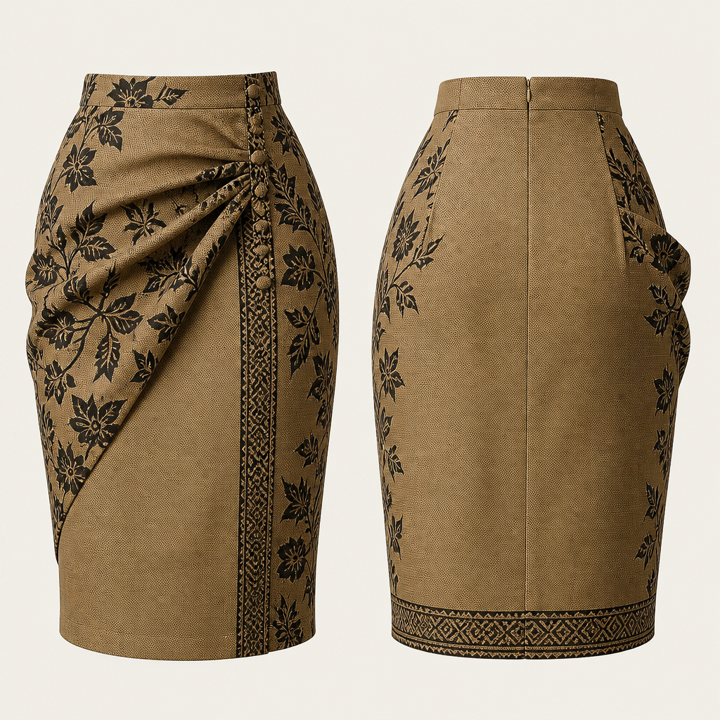 A Skirt design, made of Cotton, for Party, suitable for Summer, in African + Vintage + Elegant style. je voudrais une jupe faite avec du lambahoany malgache, longueur jusqu'au genou ou un peu au dessous, classe et moderne. MG fashion aesthetics.
photorealistic fashion design, A Skirt design, made of Cotton, for Party, suitable for Summer, in African + Vintage + Elegant style. je voudrais une jupe faite avec du lambahoany malgache, longueur jusqu'au genou ou un peu au dessous, classe et moderne. MG fashion aesthetics., african style, just the design no text, show front and back