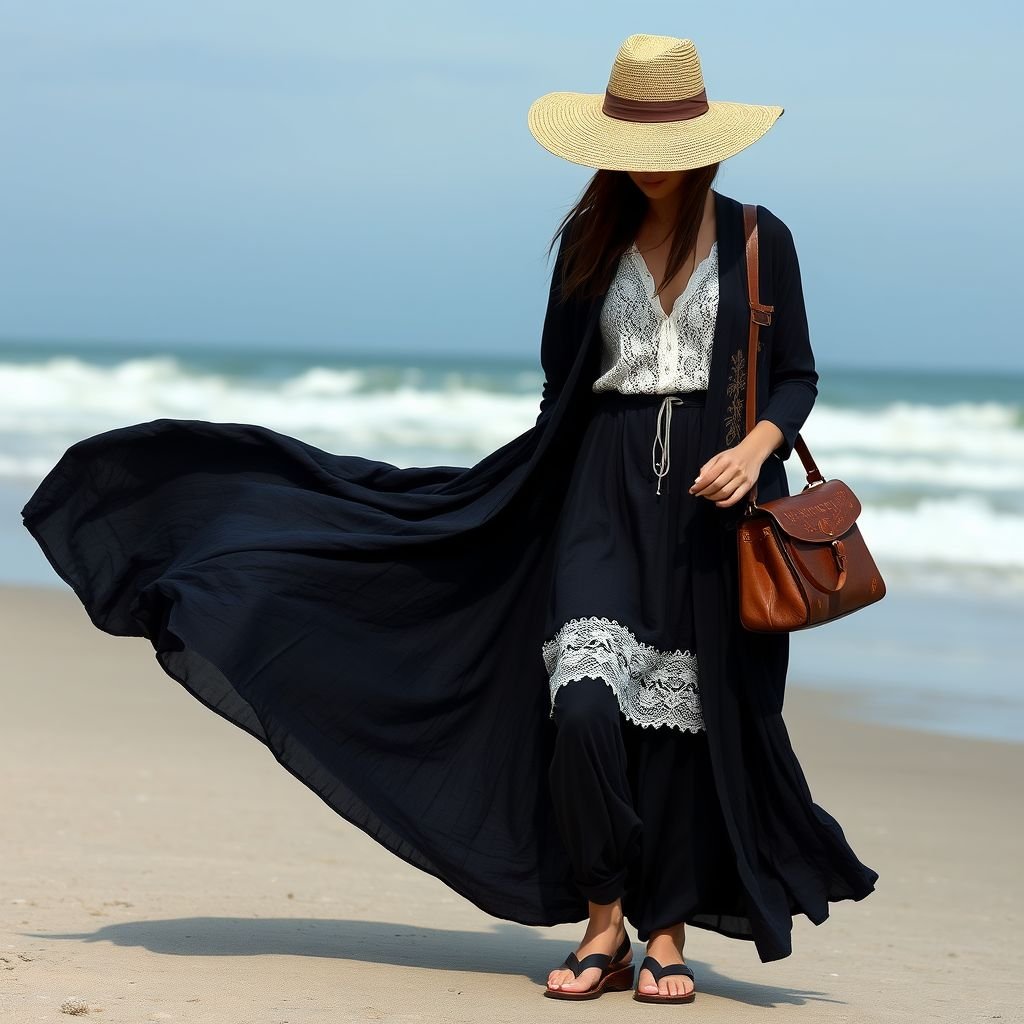 Beach
Design an enigmatic dark academia beach ensemble featuring a flowing, deep navy linen maxi dress layered over a vintage white lace blouse. Incorporate a tailored black cardigan with subtle gold embroidery. Accessorize with a wide-brimmed straw hat, leather sandals, and a weathered leather satchel for discreet book carrying, exuding intellectual allure amidst coastal vibes.