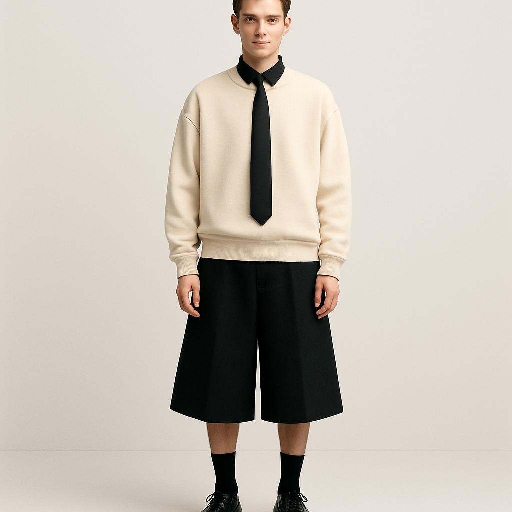 Cream long sleeve sweatshirt with black button shirt up underneath showing black collar and oversized, below knee
black flared sweat shorts and black tie. Shoe head to toe
Cream long sleeve sweatshirt with black button shirt up underneath showing black collar and oversized, below knee
black flared sweat shorts and black tie. Shoe head to toe, business style