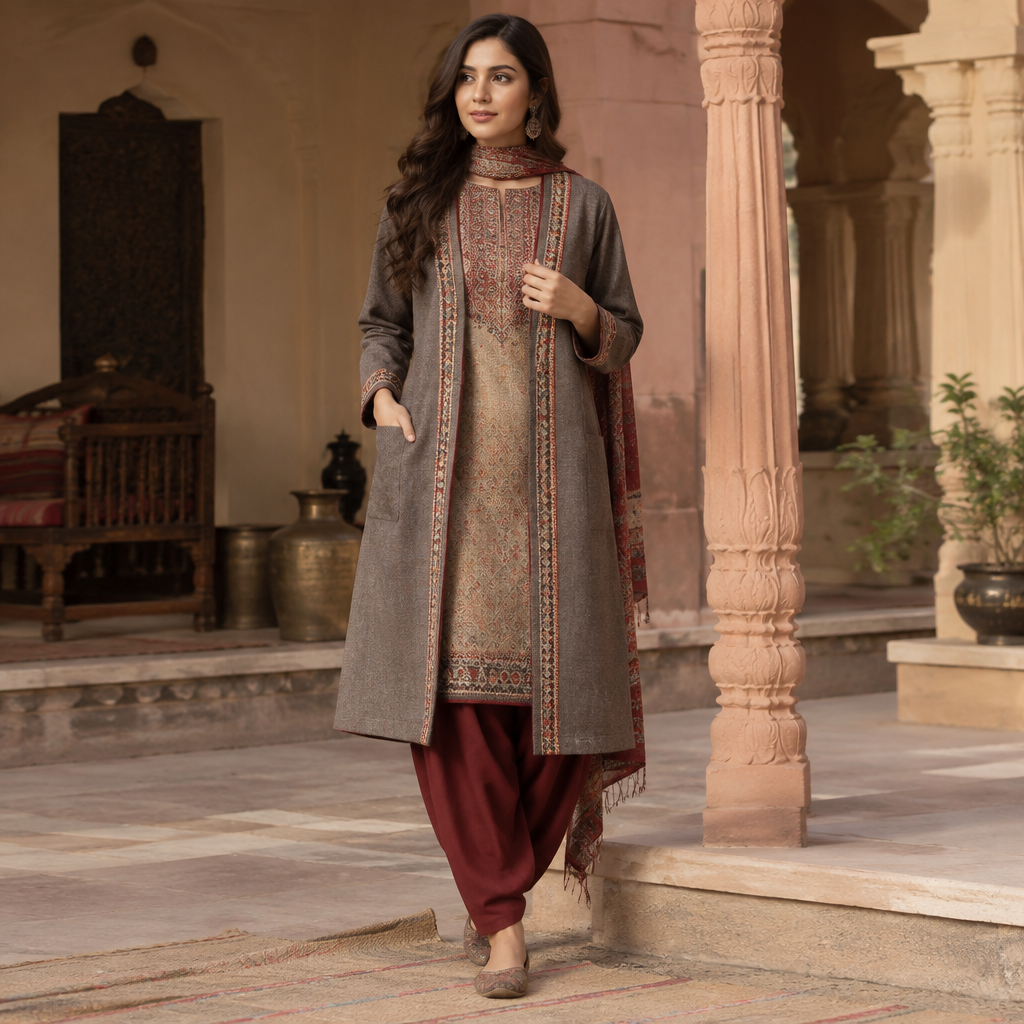A Salwar Kameez design, in Casual style. the dress should be for rajasthan winter season and it should be a salwar suit add overcoat or inner thermal wear to it. India fashion aesthetics. Present it as professional fashion catalogue photography: the garment is the subject, shown full-length with editorial styling, neutral posing and tasteful, non-suggestive framing.
photorealistic fashion design, A Salwar Kameez design, in Casual style. the dress should be for rajasthan winter season and it should be a salwar suit add overcoat or inner thermal wear to it. India fashion aesthetics. Present it as professional fashion catalogue photography: the garment is the subject, shown full-length with editorial styling, neutral posing and tasteful, non-suggestive framing., casual style, just the design no text