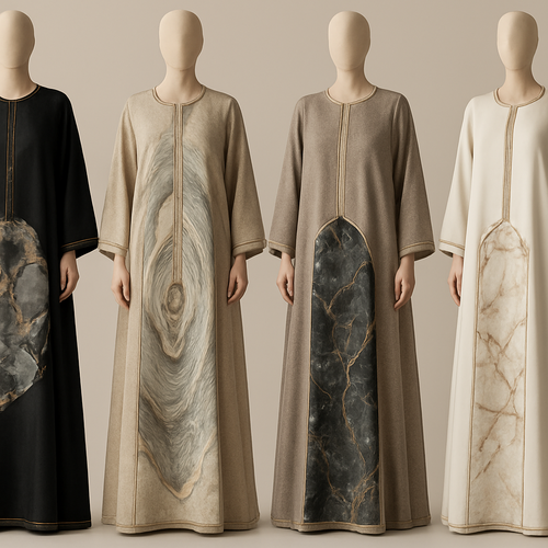 Create a modest boubou, the first of its kind, featuring a unique stone design that exudes a classy and sophisticated vibe. I'd like four designs, each showcasing different styles and fabrics. Incorporate high-end, unique chic stone designs to make them truly special. Add little sophisticated stone designs.