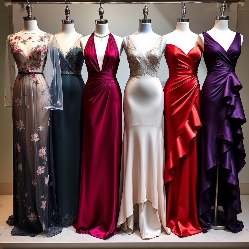 I want 6 different type of evening dresses on a dummy front and back
Imagine a stunning collection of six evening dresses displayed on a mannequin, each offering a unique silhouette. From an ethereal sheer gown adorned with botanical embroidery to a sleek, asymmetrical satin piece with ruffled hems, each design blends luxe fabrics, rich jewel tones, and intricate detailing, ensuring a captivating showcase of elegance.