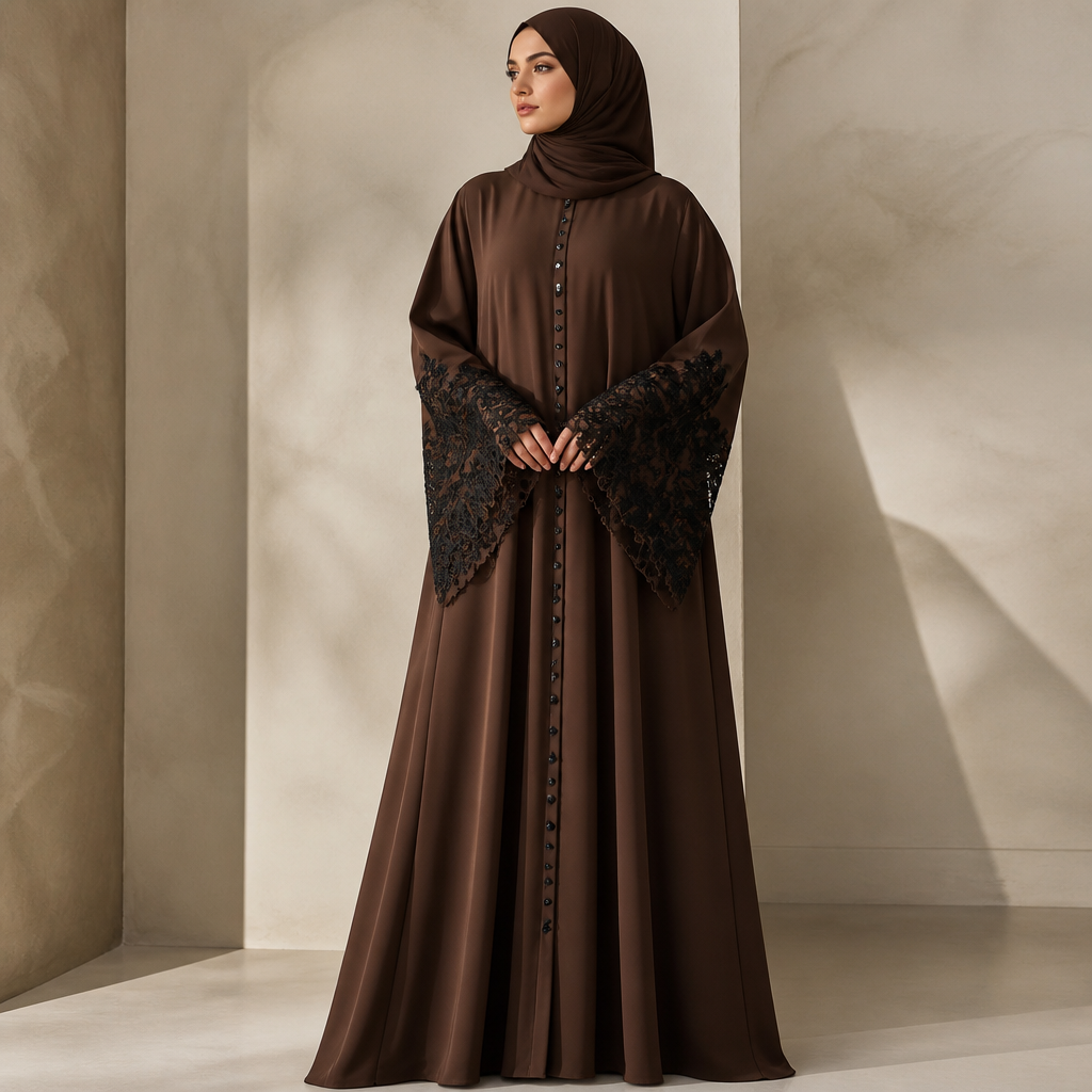 mujy ek brown color ka abaya chahy umbrella style or sleeves kafi khula hun or sleeves par black color ki laces hun jis sy sleeves heavy lagy or abaya k front side par black color k muti hun. Italy fashion aesthetics.
photorealistic fashion design, mujy ek brown color ka abaya chahy umbrella style or sleeves kafi khula hun or sleeves par black color ki laces hun jis sy sleeves heavy lagy or abaya k front side par black color k muti hun. Italy fashion aesthetics., just the design no text