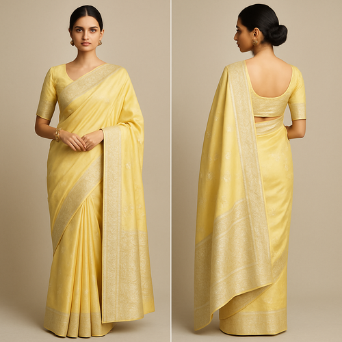 Make a girl wearing saree in pastel butter yellow silk banarsi saree with royal work on it minimal with silver silk thread 

