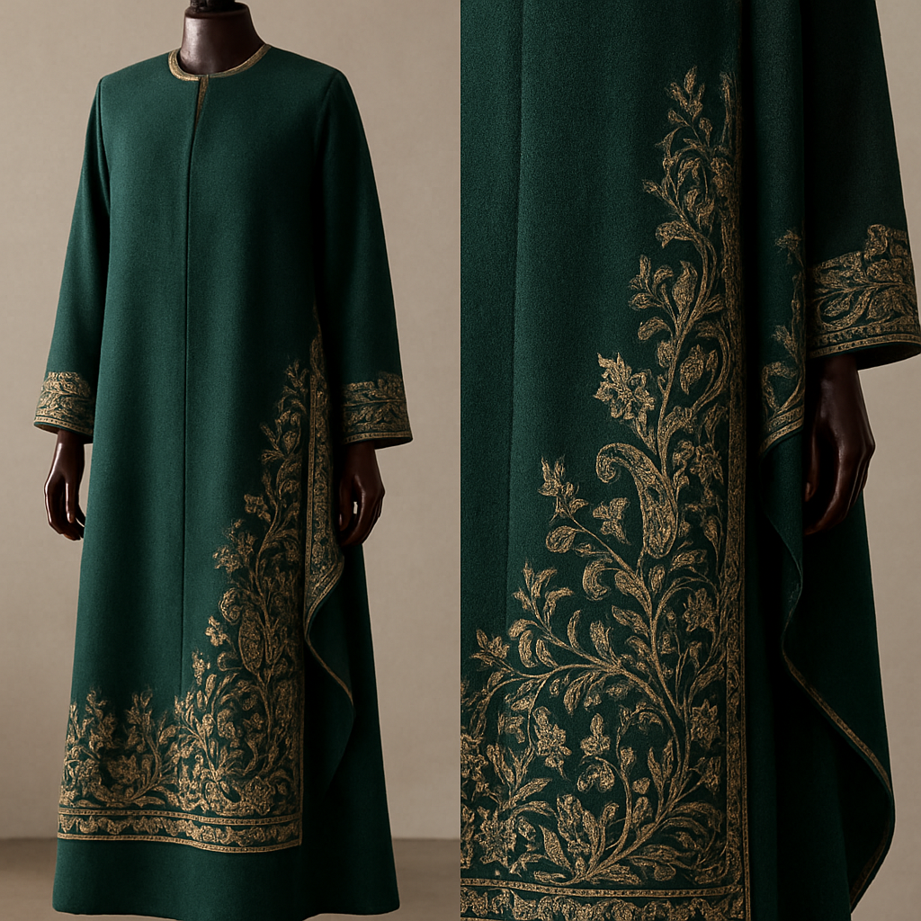 
 ankle-length emerald cashmere abaya with pale sandy accents. Botanical embroidery combining Najdi motifs and Kashmiri patterns (Sozni and crewel) along the hem, cuffs, and a side drape; gradient brown‑green threads with subtle fine gold metallic highlights for a refined shimmer. Straight cut with a slight rear flare for fluid drape, soft cashmere fabric with realistic fine fibers visible in close-ups. Displayed on a luxurious dark polished wooden mannequin, no visible stands or clamps. Soft directional natural studio lighting to accentuate embroidery and metallic sheen, shallow depth of field, photorealistic high-resolution, include both full‑body and close‑up detail shots."

Negative prompts (copy these too):
"no text, no logos, no hanger, no visible mannequin joints or stands, avoid unrealistic folds, no extra props, no watermarks."

Recommended settings:
- Aspect ratio: vertical 2:3 (e.g., 2048 × 3072 or higher)  
- Style: photorealistic / high-detail  
- Guidance/CFG scale: 7–12  
- Steps: 20–40  
- Texture hint: "realistic cashmere texture, soft matte finish, visible fine fibers in macro shots"  
- Lighting hint: "soft directional natural studio light, highlight embroidery and metallic threads, shallow DOF"



 ankle-length emerald cashmere abaya with pale sandy accents. Botanical embroidery combining Najdi motifs and Kashmiri patterns (Sozni and crewel) along the hem, cuffs, and a side drape; gradient brown‑green threads with subtle fine gold metallic highlights for a refined shimmer. Straight cut with a slight rear flare for fluid drape, soft cashmere fabric with realistic fine fibers visible in close-ups. Displayed on a luxurious dark polished wooden mannequin, no visible stands or clamps. Soft directional natural studio lighting to accentuate embroidery and metallic sheen, shallow depth of field, photorealistic high-resolution, include both full‑body and close‑up detail shots."

Negative prompts (copy these too):
"no text, no logos, no hanger, no visible mannequin joints or stands, avoid unrealistic folds, no extra props, no watermarks."

Recommended settings:
- Aspect ratio: vertical 2:3 (e.g., 2048 × 3072 or higher)  
- Style: photorealistic / high-detail  
- Guidance/CFG scale: 7–12  
- Steps: 20–40  
- Texture hint: "realistic cashmere texture, soft matte finish, visible fine fibers in macro shots"  
- Lighting hint: "soft directional natural studio light, highlight embroidery and metallic threads, shallow DOF"
