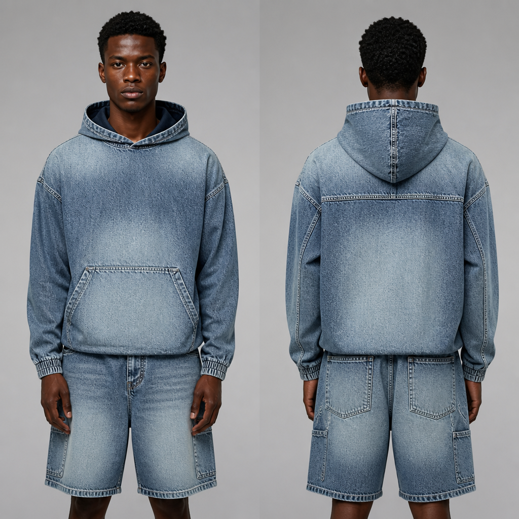 A Male fashion design. Denim Hoodie and denim shorts faded blue. Nigeria fashion aesthetics.
photorealistic fashion design, A Male fashion design. Denim Hoodie and denim shorts faded blue. Nigeria fashion aesthetics., just the design no text