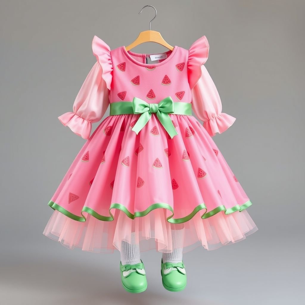 Watermelon inspired baby girl dress
Design a playful watermelon-inspired baby girl dress in the essence of Korean fashion. Envision a soft, tiered silhouette, featuring a vibrant pink bodice adorned with cute, whimsical watermelon slice patterns. Add delicate ruffled sleeves and a matching green bow belt. Pair with knee-high socks and adorable, pastel-colored shoes for an enchanting look.