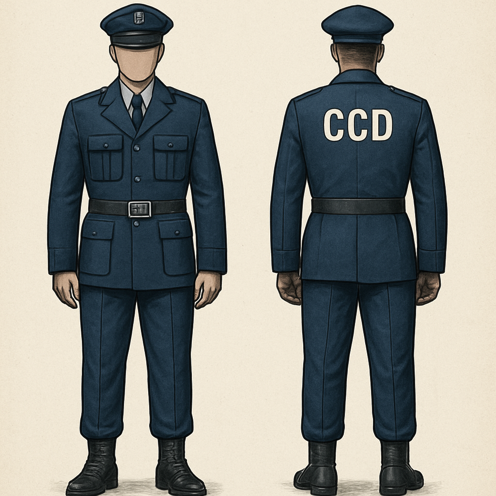 Uniform of a newly created wing of police that deals with serious and organised crime and investigations. Instead of police it should have the words CCD. It consists of trouser and coat. The headgear is a smart p cap. The colour scheme is bluish. The boots are leather. The belt should not be too thin and its buckle can be steel plate with CCD written on it.
Uniform of a newly created wing of police that deals with serious and organised crime and investigations. Instead of police it should have the words CCD. It consists of trouser and coat. The headgear is a smart p cap. The colour scheme is bluish. The boots are leather. The belt should not be too thin and its buckle can be steel plate with CCD written on it. , vintage style, show front and back