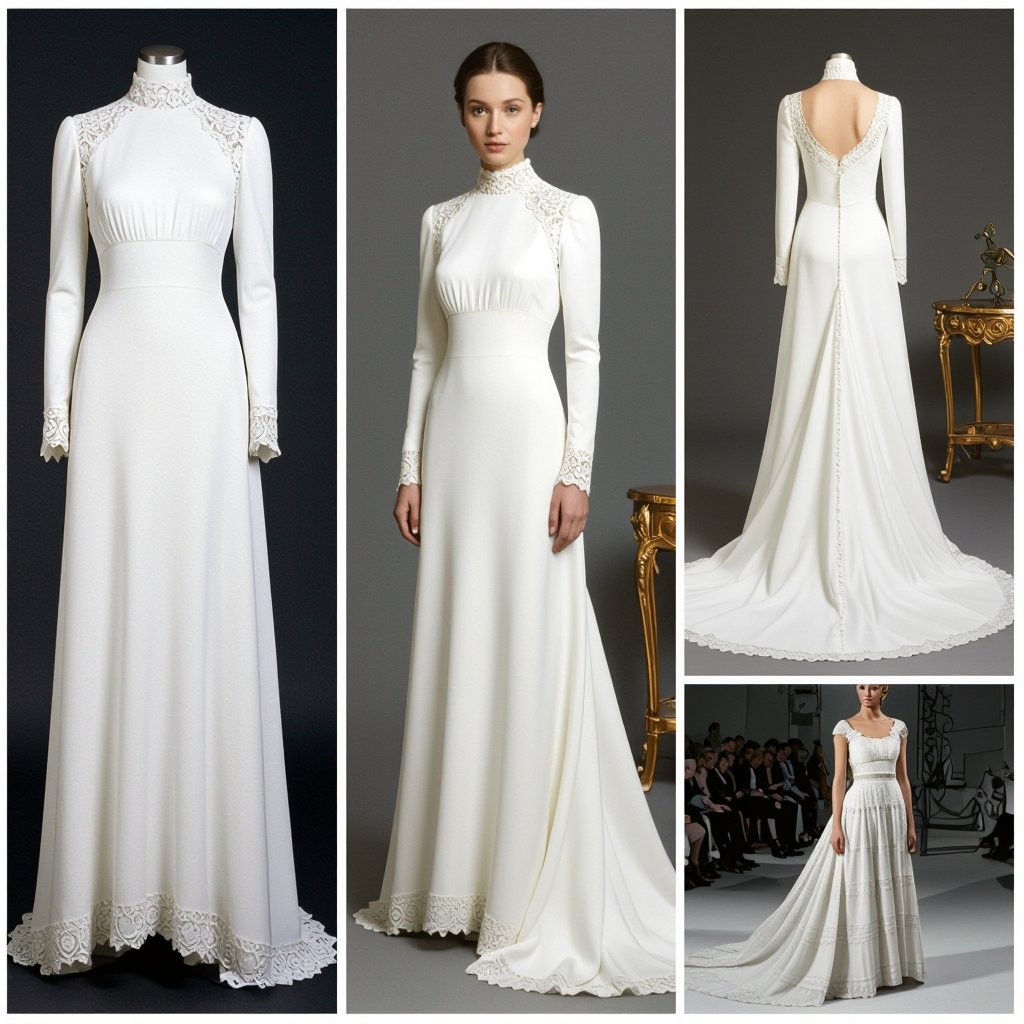Wedding dress from narnia
Vintage fashion: Vintage Narnia wedding dress, long, white, silk, high neck, lace trim.