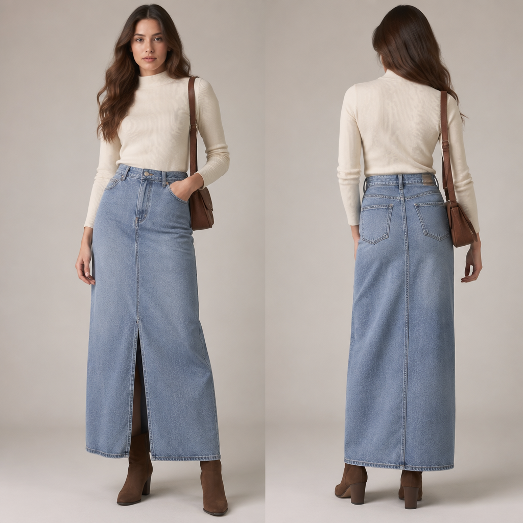 A Female Skirt design, suitable for Fall, in Casual style. تنورة بينصل طويلة قماش جينز ازرق سماوي ضع جيب في البداية. IQ fashion aesthetics. Present it as professional fashion catalogue photography: the garment is the subject, shown full-length with editorial styling, neutral posing and tasteful, non-suggestive framing.
photorealistic fashion design, A Female Skirt design, suitable for Fall, in Casual style. تنورة بينصل طويلة قماش جينز ازرق سماوي ضع جيب في البداية. IQ fashion aesthetics. Present it as professional fashion catalogue photography: the garment is the subject, shown full-length with editorial styling, neutral posing and tasteful, non-suggestive framing., casual style, just the design no text