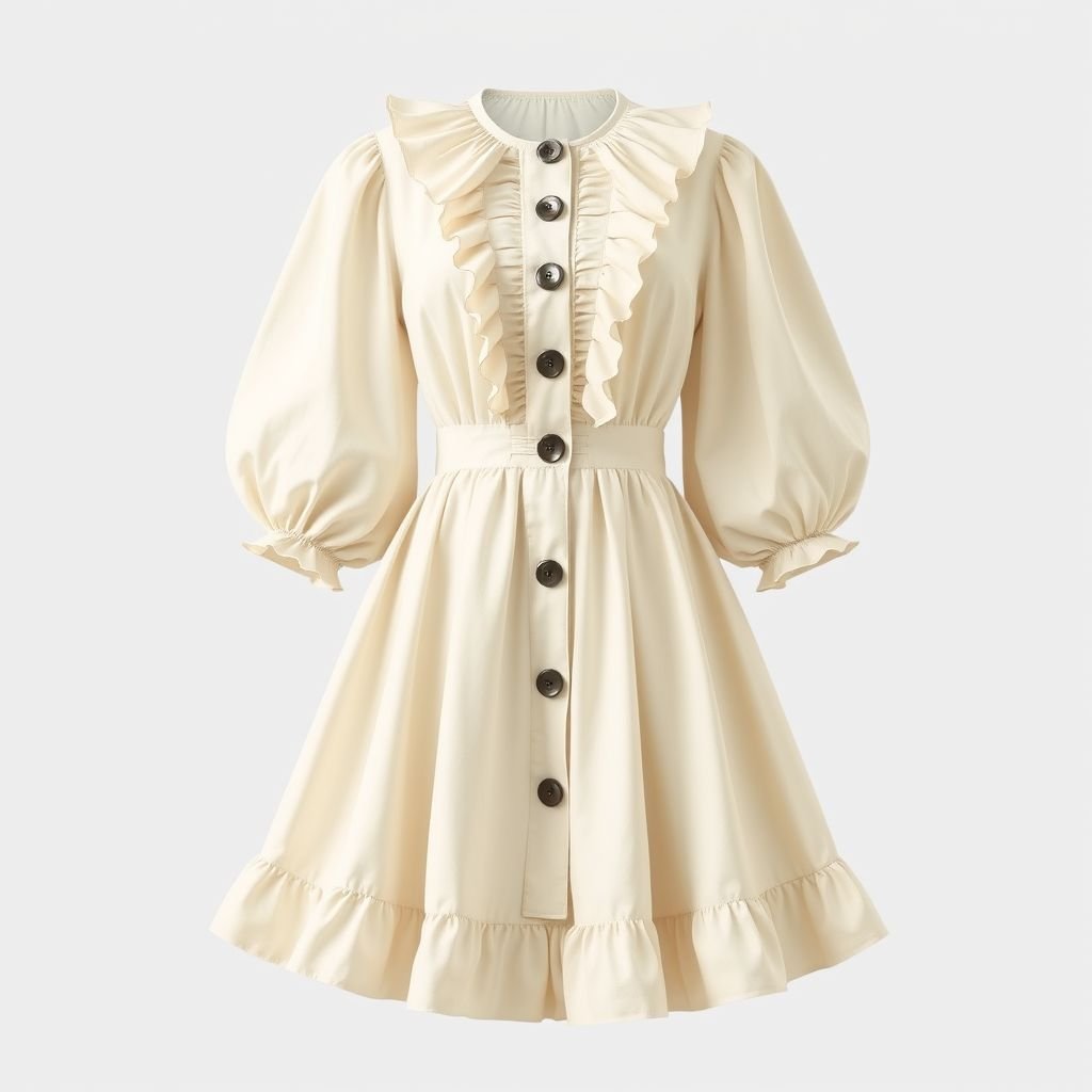 Dress with baloon arms, flowy skirt, mid length, buttons down the chest. And ruffels around the neck, wrist and hem of the skirt
Design a timeless classic dress featuring voluminous balloon sleeves for an elegant silhouette. The mid-length flowy skirt cascades gracefully, adorned with delicate ruffles at the neck, wrists, and hem. A row of polished buttons runs down the chest, embodying vintage charm, perfect for sophisticated occasions or a leisurely afternoon tea.