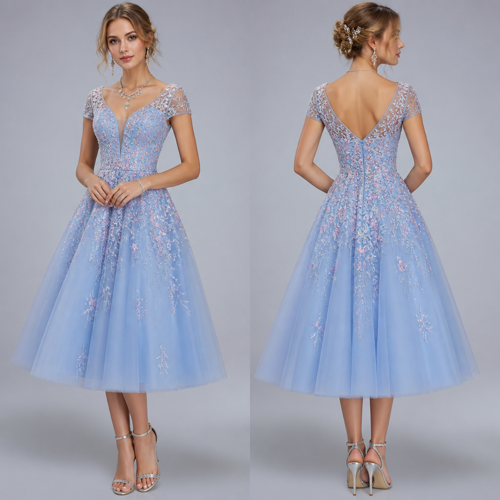 Light blue prom dress short sleeves with accessories
photorealistic fashion design, Light blue prom dress short sleeves with accessories, colorful style, just the design no text, show front and back