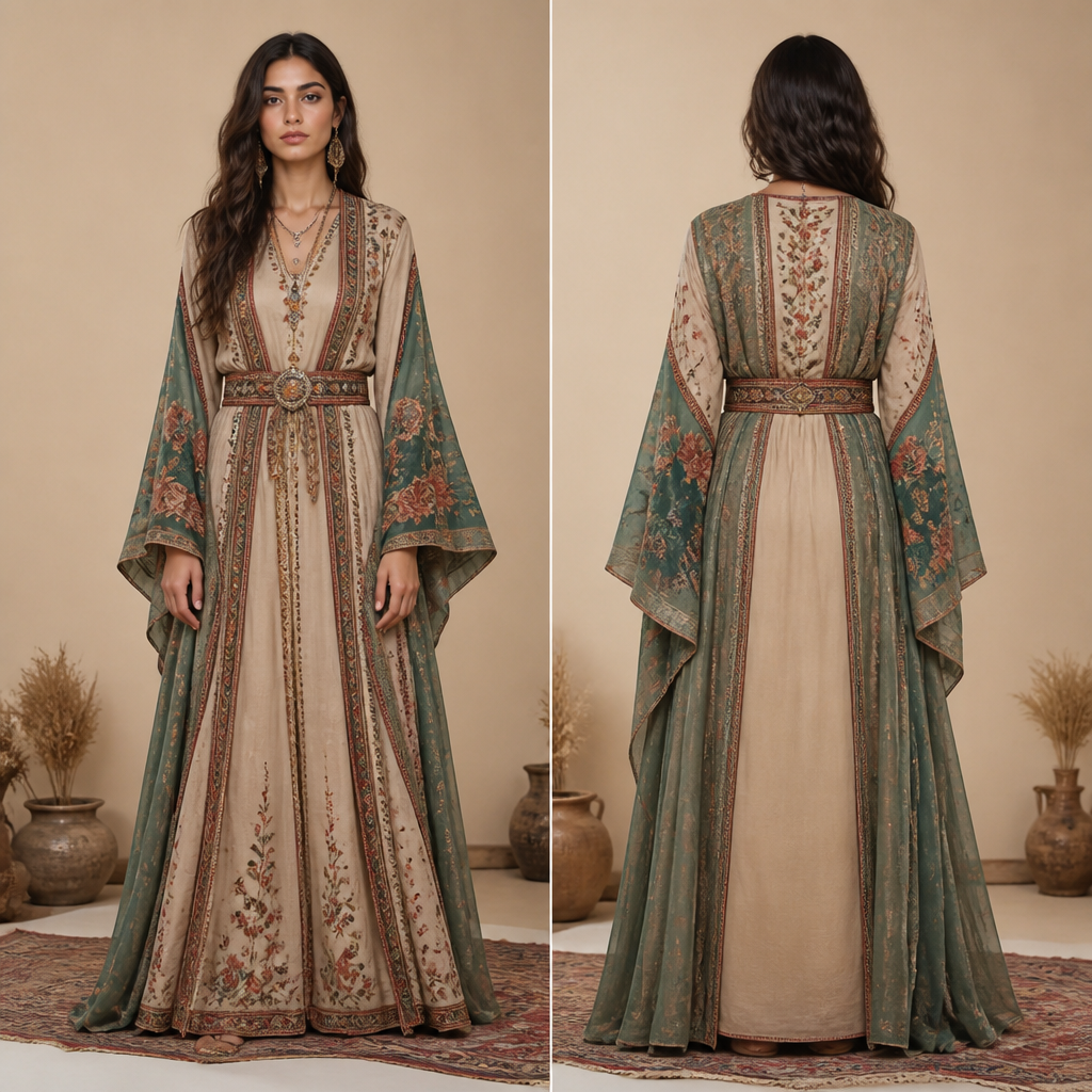 Kurdish traditional dress
photorealistic fashion design, Kurdish traditional dress, hippy style, just the design no text, show front and back
