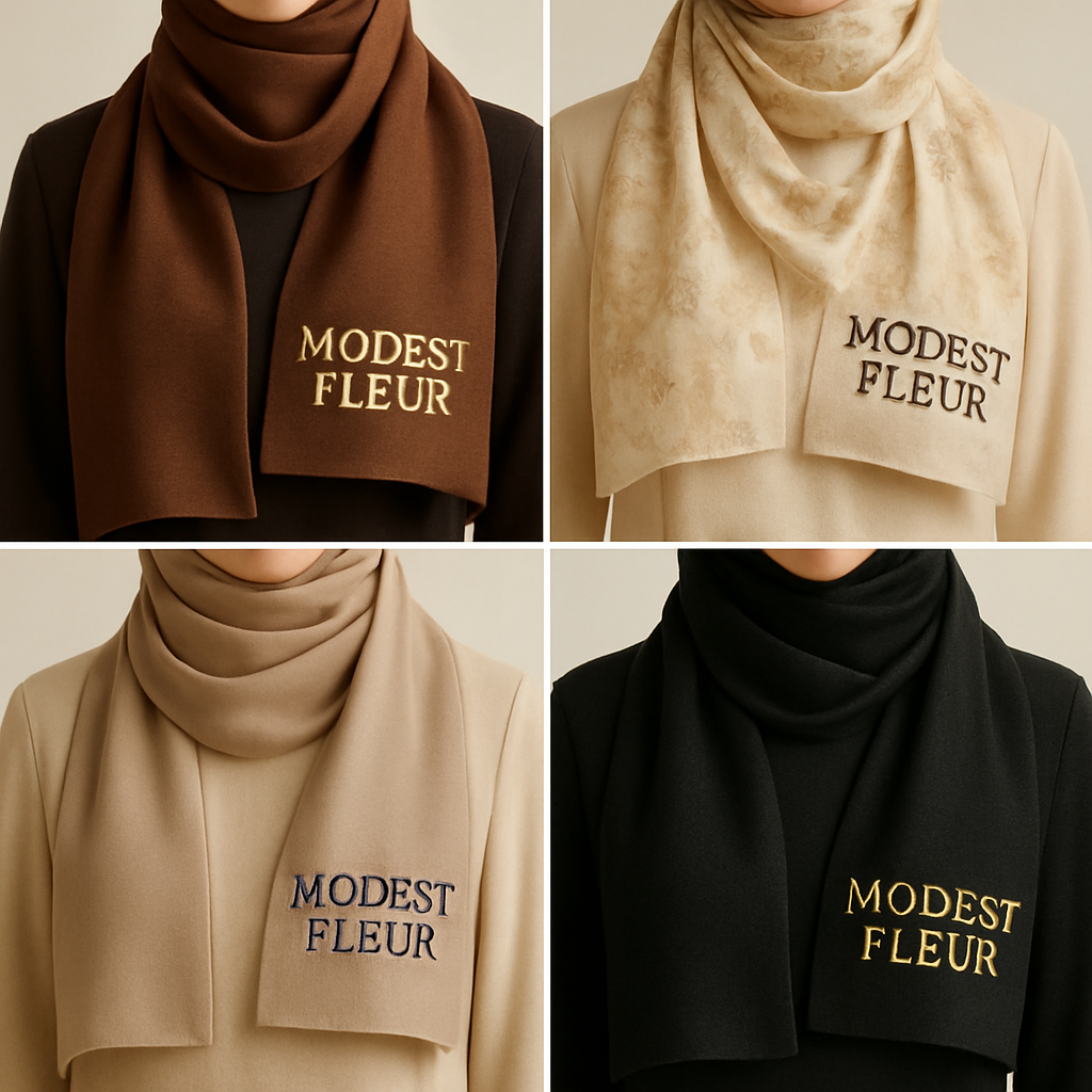 Create a revolutionary women’s modest scarve wear brand called “Modest Fleur”. Display the brand name on the in a unique design , in small thick writing that exudes a classy and sophisticated vibe. I’d like four designs, each showcasing different styles and fabrics, with high-end, chic designs to make them truly special.
Create a revolutionary women’s modest scarve wear brand called “Modest Fleur”. Display the brand name on the in a unique design , in small thick writing that exudes a classy and sophisticated vibe. I’d like four designs, each showcasing different styles and fabrics, with high-end, chic designs to make them truly special.